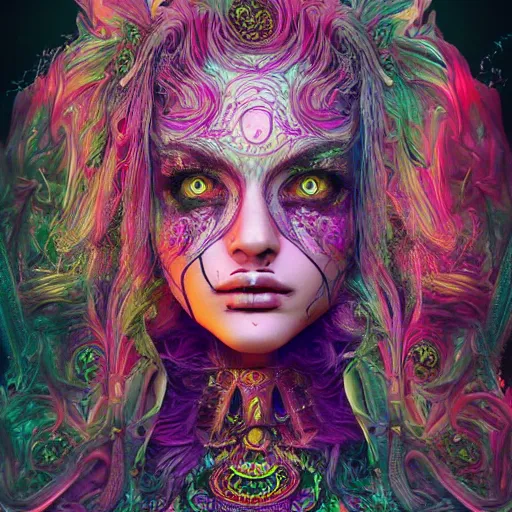 Image similar to psychadelic witch, beautiful face, hyper detailed, flowing psychadelic background intricate and detailed, ornate 8 k gorgeous intricate detailed, octane render