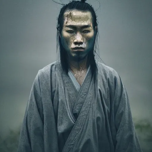 Image similar to samurai portrait by Sean Yoro and Chie Yoshi, dark, moody, washed colors, detailed
