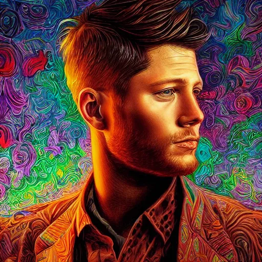 Prompt: portrait of jensen ackles, hyper detailed masterpiece, neon floral pattern, jean giraud, digital art painting, darkwave goth aesthetic, psychedelic, artgerm, donato giancola and tom bagshaw