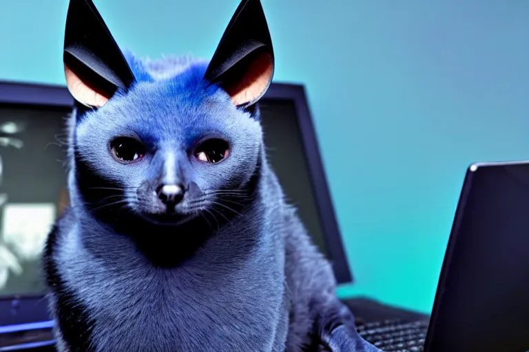 Prompt: a blue - and - black male catbat fursona with blue / green heterochromatic eyes ( differently colored eyes ) and huge bat ears, photo of the catbat streaming on his computer