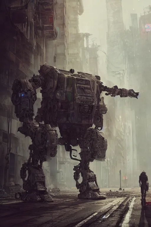 Image similar to ultra realist and ultra intricate detailed soft painting of a large mech, standing in a post-apocalyptic street, sensual gloomy style, volumetric clouds, artstation, unreal render, depth of field