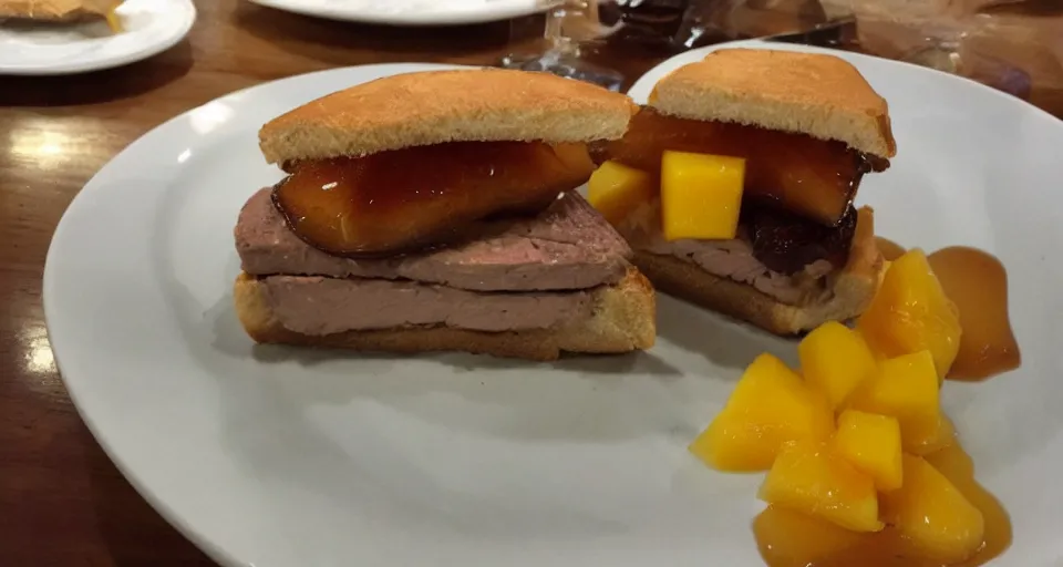 Image similar to foie gras sandwich with mango covered with huge amount of honey, bad, grainy and blurry amateur photo