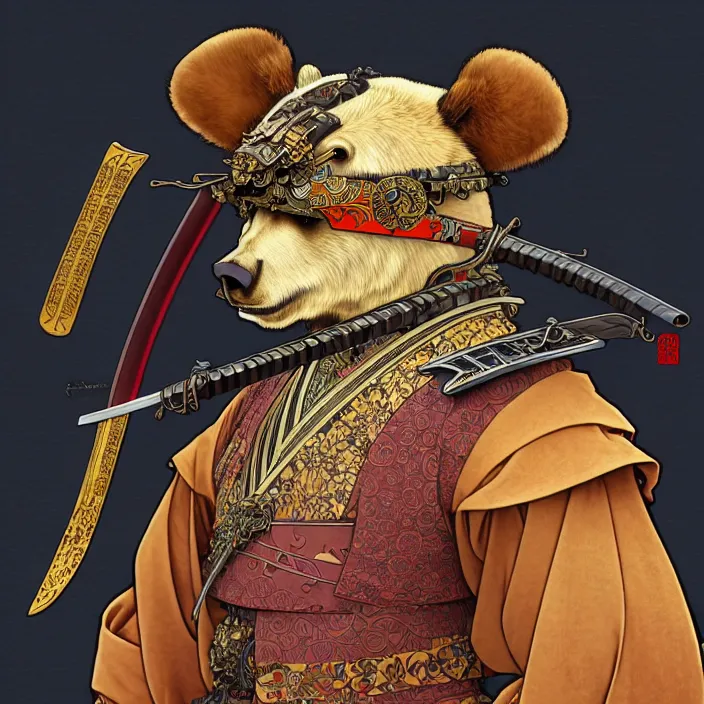 Image similar to anthropomorphic samurai bear, fantasy, intricate, highly detailed, lifelike, photorealistic, digital painting, artstation, illustration, concept art, smooth, sharp focus, art by alphonse mucha and kitagawa utamaro and ogata korin and aya takano