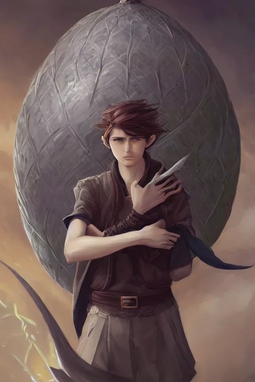 Image similar to portrait of elven teenage boy mage with long black hair holding dragon egg digital painting modern fantasy webtoon manhwa concept art by peter mohrbacher wlop