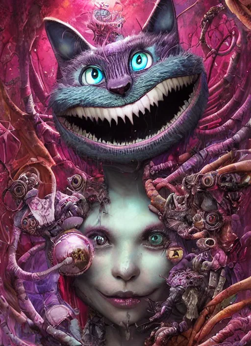 Prompt: cheshire cat, biopunk style, highly detailed, cinematic, 8 k, by megan duncanson, benjamin lacombe, adrian borda, stanley artgermm, tom bagshaw, craig mullins, carne griffiths, ayami kojima, beksinski, giger, trending on deviantart, hyper detailed, horror, full of colour