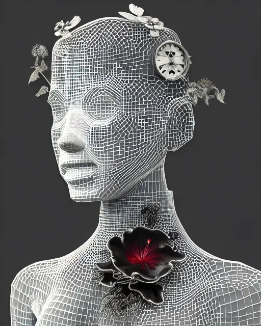 Prompt: monochrome 3 d model, 1 8 7 0 picture, silver mesh floral steampunk biomechanical beautiful young female cyborg with porcelain profile face and a techno eye, volumetric light, leaves foliage and stems, hibiscus flowers, sinuous fine roots, fine foliage lace, alexander mcqueen, rim light, big gothic fashion pearl embroidered collar, octane render, 8 k