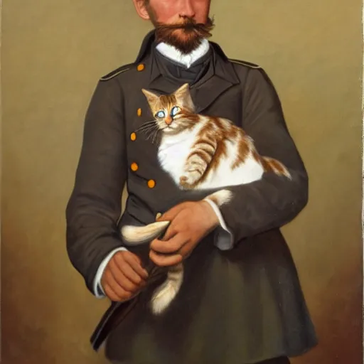 Prompt: oil painting of a civil war soldier holding a long - haired brown and white tabby cat