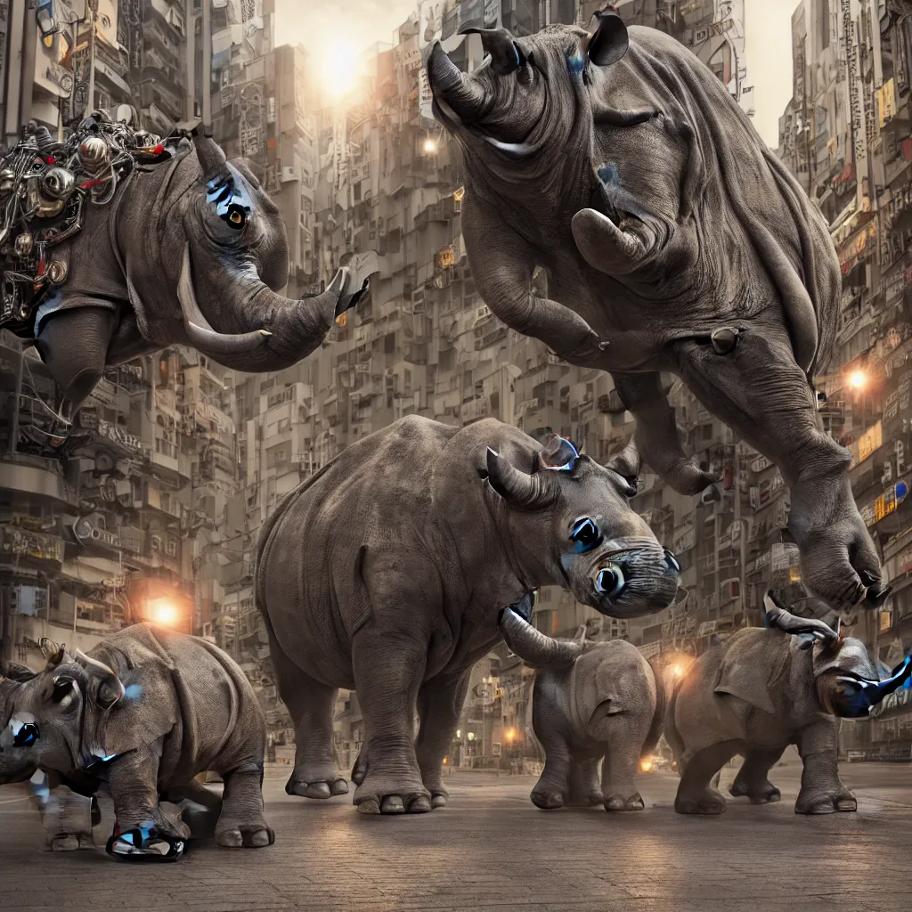 Prompt: photograph of a mechanical rhinoceros charging down a city street in Tokyo, ornamental,photorealistic, elaborate, highly detailed, ornate, shiny, dramatic lighting, octane render, style by John Salt,