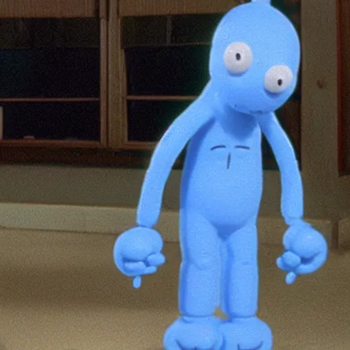 Image similar to still image of hyper realistic mr. meeseeks as a guest star on seinfeld, cinematic ( 1 9 9 4 )