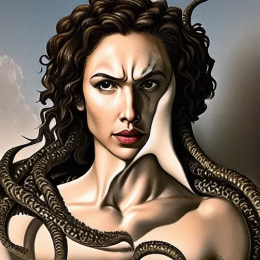 Image similar to gal gadot as medusa on her face an expression of horror and her hair is all writhing serpents by caravaggio