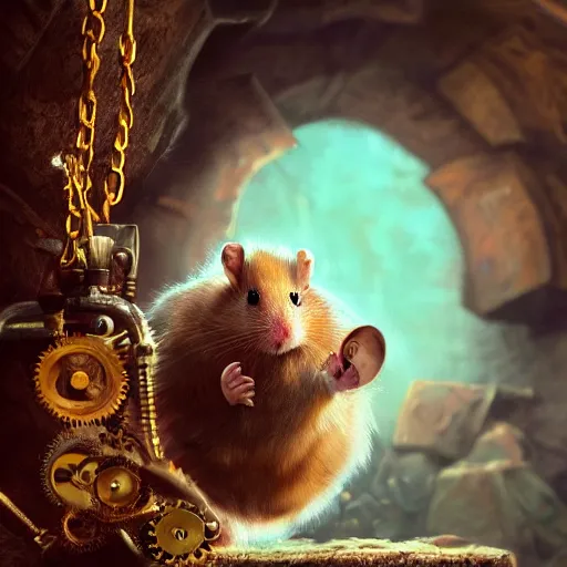 Image similar to oil painting of anthropomorphized hamster holding shiny gem, steampunk clothes, close shot, full body, dark steampunk mine shaft background, sharp focus, fantasy style, octane render, volumetric lighting, 8k high definition, by greg rutkowski, highly detailed, trending on art Station, dungeons and dragons artwork, centered