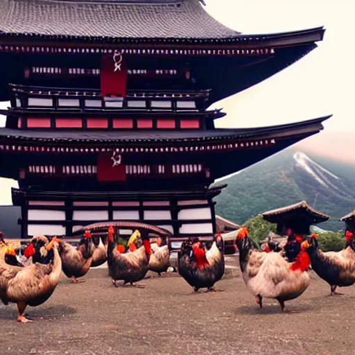 Image similar to Samurai chickens attack a village on the foothill of mount Fuji