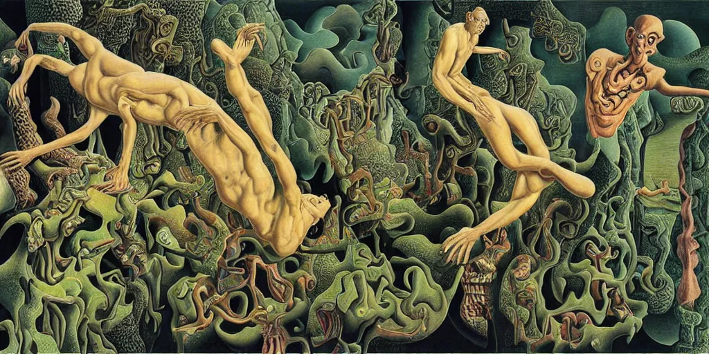 Image similar to basilisk, pain, pleasure, suffering, adventure, love, abstract oil painting by mc escher and salvador dali and raqib shaw