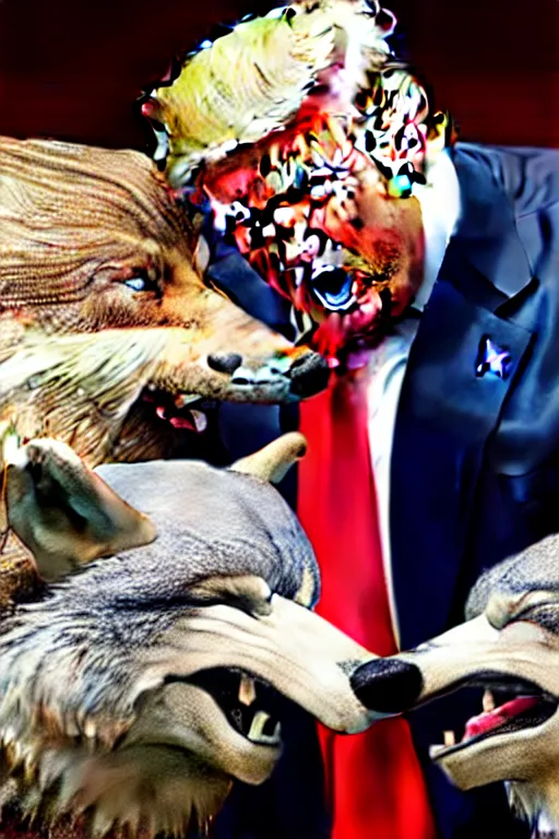 Prompt: Donald Trump getting munched on by a wolf, hyperrealistic wax figure, highly detailed