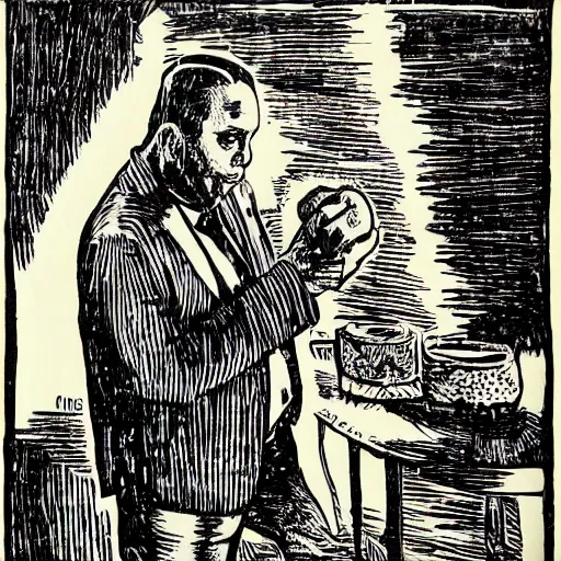 Image similar to alex jones eating a huge twinkie, woodcut,