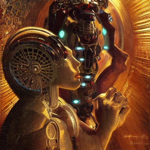 Prompt: highly detailed portrait of an humanoid robotic dmt mecha, painting by gaston bussiere, craig mullins, j. c. leyendecker, lights, art by ernst haeckel, john william godward, hammershøi, alex grey