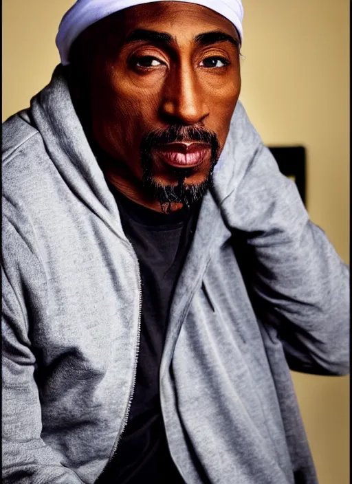 Image similar to dslr photo portrait still of 5 0 year old age 5 0 tupac at age 5 0, 8 5 mm f 1. 8, times magazine