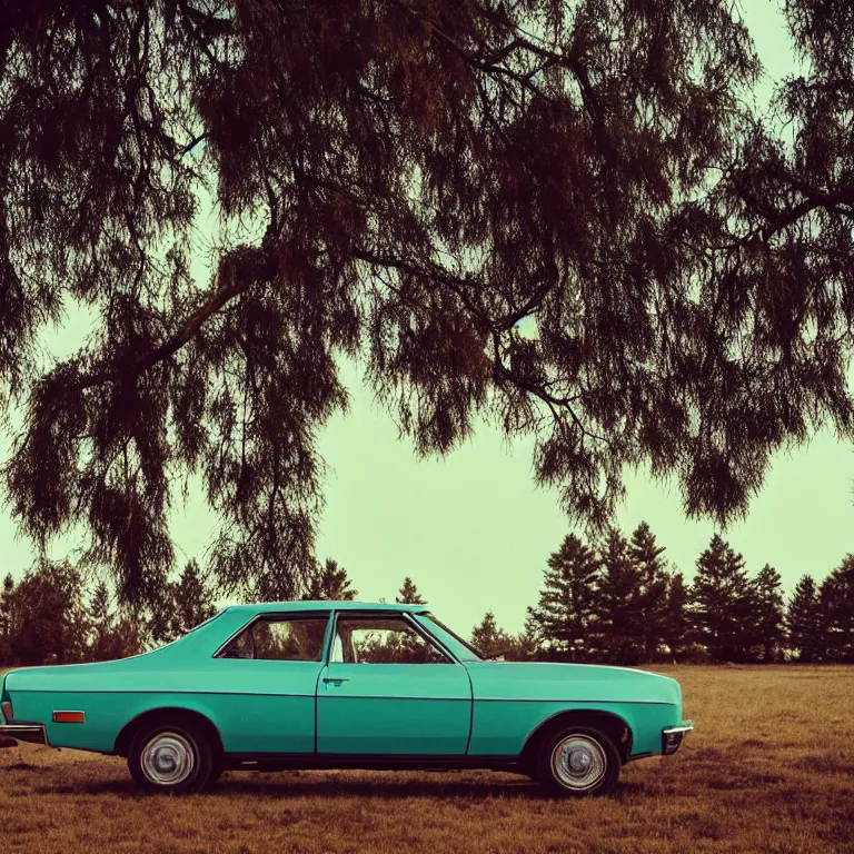 Image similar to 1 9 7 0 s car parked by the pine tree, silhouettes in field behind, film photo, soft lighting album cover, nostalgia, turquoise gradient