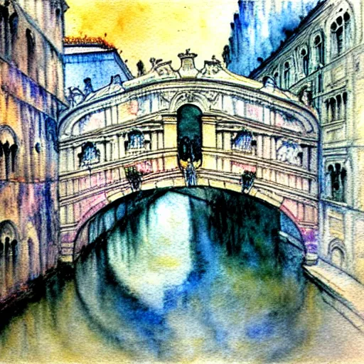 Image similar to the bridge of sighs in the style of vrubel, watercolor, pastel colors