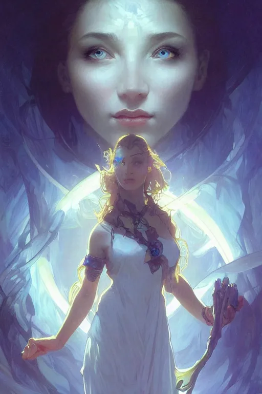 Image similar to bright cube above a portrait of a beautiful dark mystical woman, ice blue eyes, artstation, concept art, smooth, sharp focus, illustration, art by artgerm and greg rutkowski and alphonse mucha and william - adolphe bouguereau