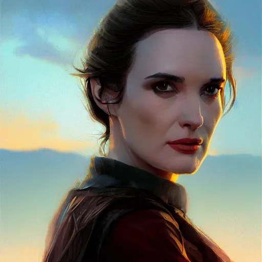 Image similar to a closeup portrait of a winona ryder, dramatic light, lake background, sunset, dark, painted by stanley lau, painted by greg rutkowski, painted by stanley artgerm, digital art, trending on artstation