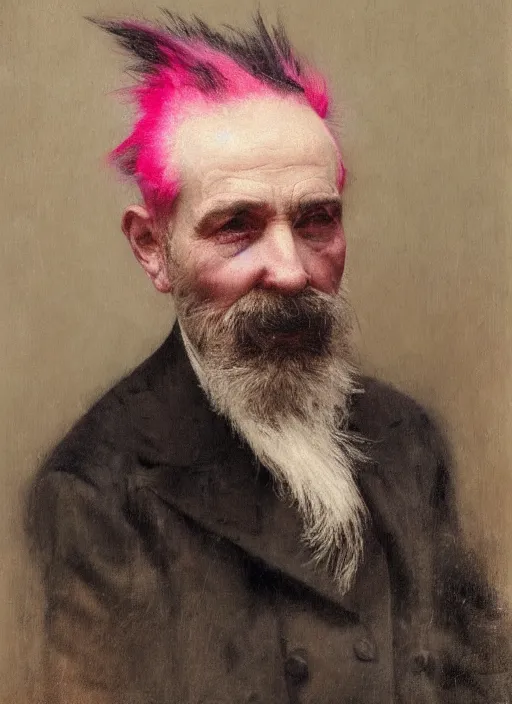 Image similar to a portrait of old man with a detailed pink mohawk by edouard bisson, punk rock, oil painting, muted colours, soft lighting