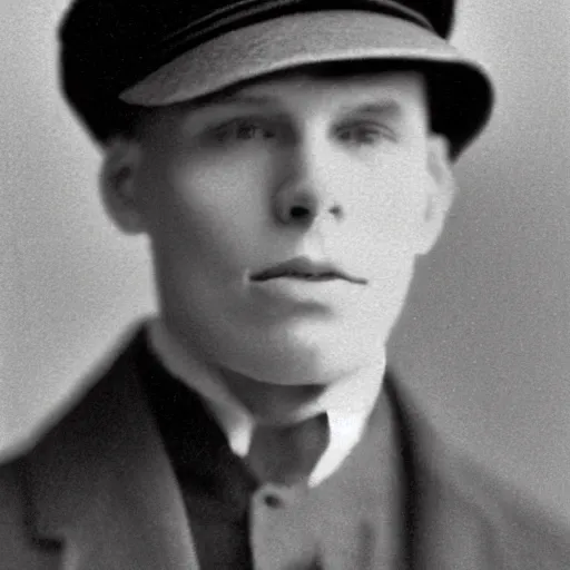 Image similar to A photograph portrait of Jerma985 wearing a newsboy cap in the early 1900s, taken in the early 1900s, grainy, taken on a early 1900s Kodak Camera, realistic, hyperrealistic, very realistic, highly detailed, very detailed, extremely detailed, detailed, digital art, trending on artstation