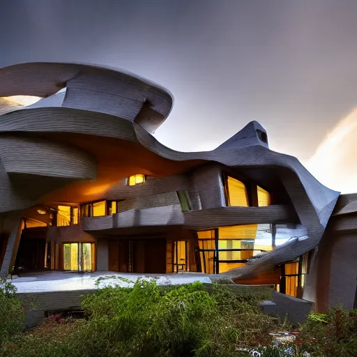 Prompt: by frank lloyd wright, zaha hadid, antonio gaudi, photorealism, hdr, photograph of a modern home set in the mountains, dramatic lighting, highly detailed,