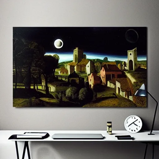 Image similar to dark solar eclipse, above a village, highly detailed, studio 4 k quality, by caravaggio