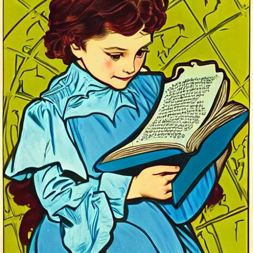 Image similar to a little girl with a mischievous face and short light brown curly wavy hair and blue eyes. she is reading a book. well composed, clean elegant painting, beautiful detailed face. by steve ditko and jack kirby and ( alphonse mucha )