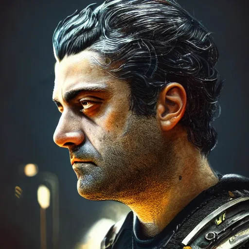 Prompt: oscar isaac portrait, dystopia core, apocalyptic, armor, warrior, dramatic, sharp focus, fiction, neon, fantasy, hyper detailed, digital art, trending in artstation, cinematic lighting, studio quality, smooth render, unreal engine 5 rendered, octane rendered, art style and nixeu and wlop and krenz cushart