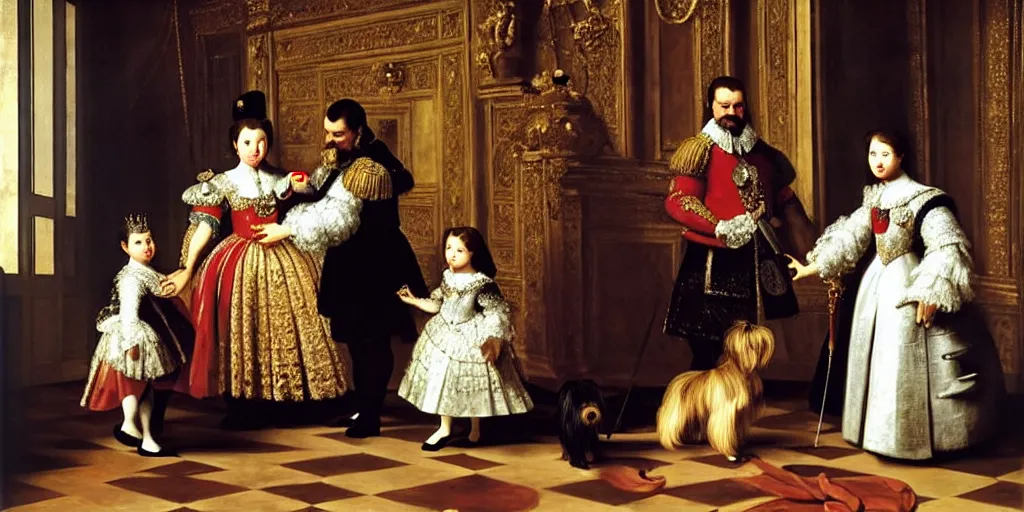 Image similar to A Spanish King with his queen and one young daughter, inside the morning room of their palace, a Yorkshire Terrier is at the arms of the king, very detailed, intricate, smooth, 8 k masterpiece, art by Velasquez, art by Rubens, art by Caravaggio