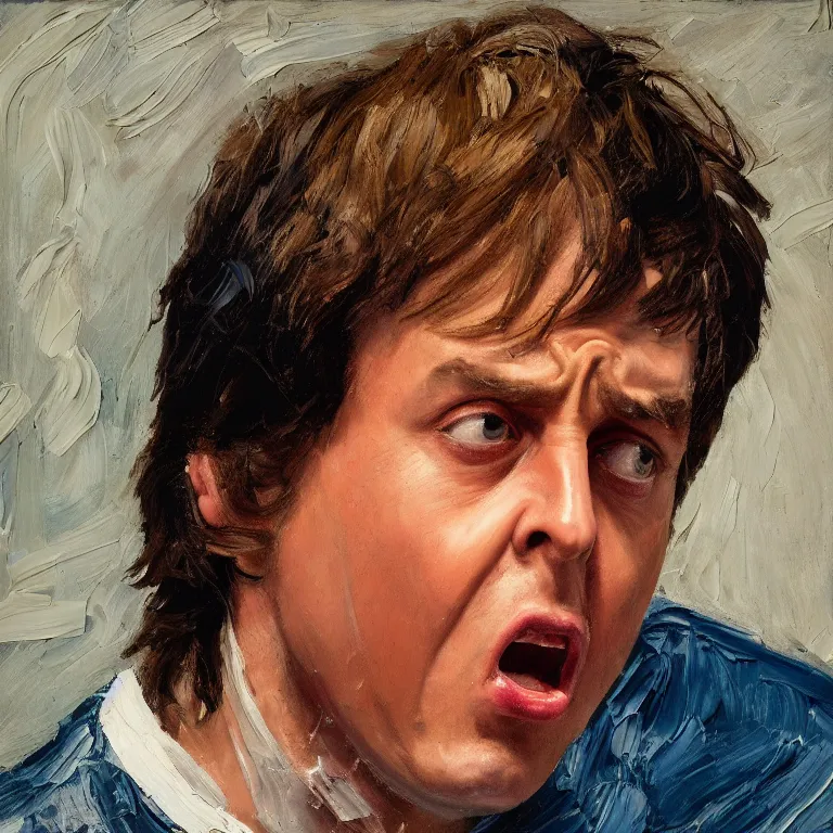 Image similar to warmly lit close up studio portrait of young furiously angry! Paul McCartney in 1965 singing, impasto oil painting thick brushstrokes by Lucian Freud and Cy Twombly and Tim Hawkinson , trending on artstation dramatic lighting Expressionism