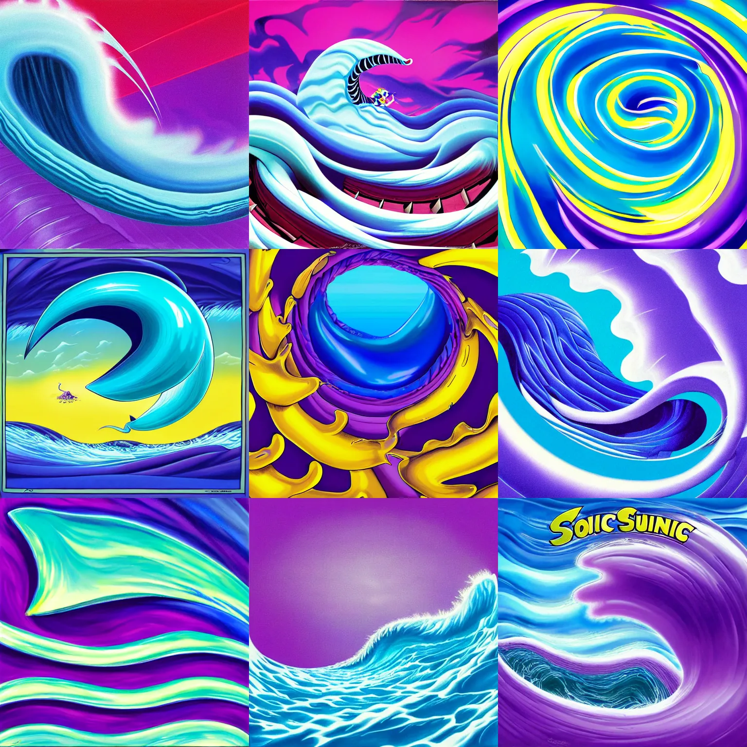 Prompt: surreal, sharp, detailed professional, high quality airbrush art album cover of a blue cresting ocean wave in the shape of sonic the hedgehog, purple checkerboard background, 1990s 1992 style of John Kricfalusi