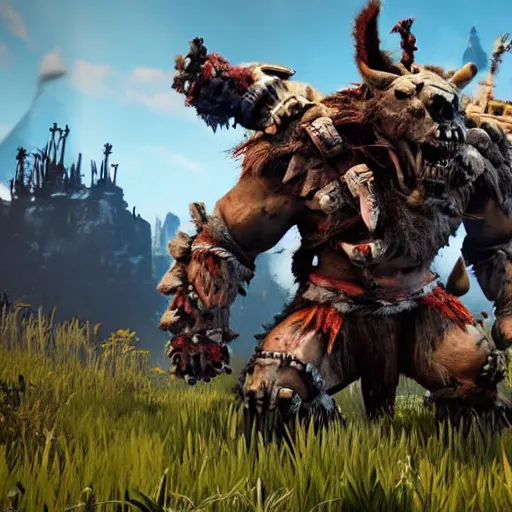 Prompt: gameplay of a orc brute bleeding in the style of horizon zero dawn