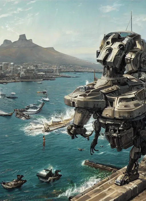 Image similar to hyper realistic robot attacking cape town city harbor beautiful details, strong composition painted by kim jung guweta studio rutkowski, james gurney and greg rutkowski, and lucasfilm