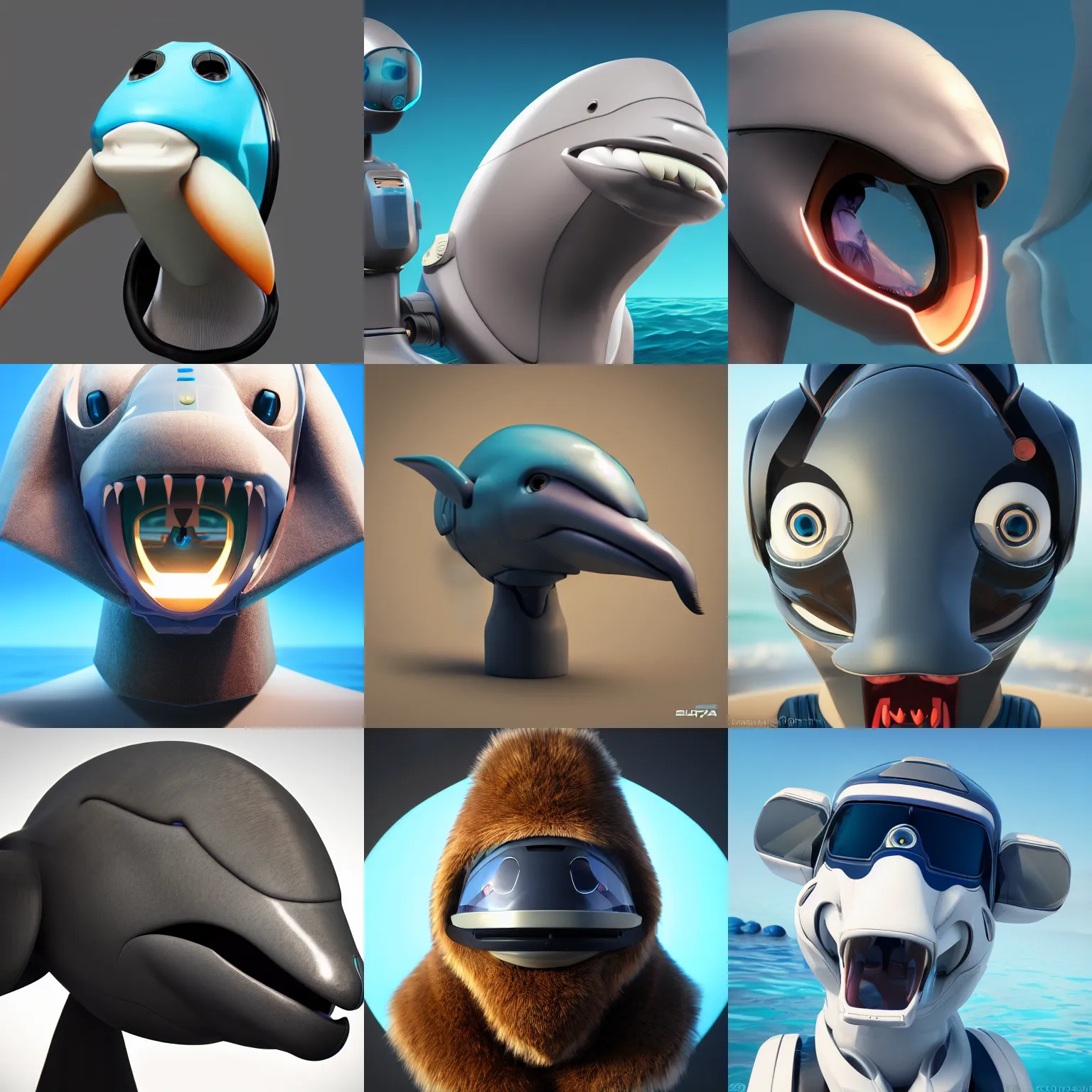 Prompt: furry art, bust shot of a male robotic anthro bottlenose dolphin, visor instead of eyes, rounded beak, commission on furaffinity, cgsociety, octane render, subnautica