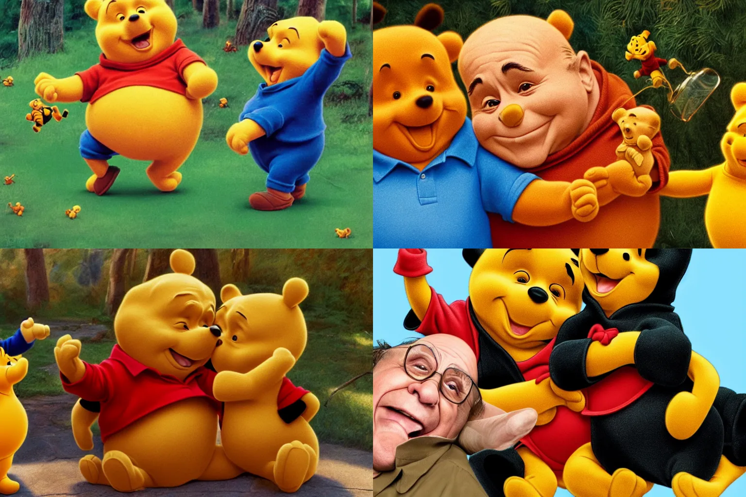 Prompt: danny devito dabbing together with winnie the pooh, hyperrealistic, highly detailed, award winning photo, 4k