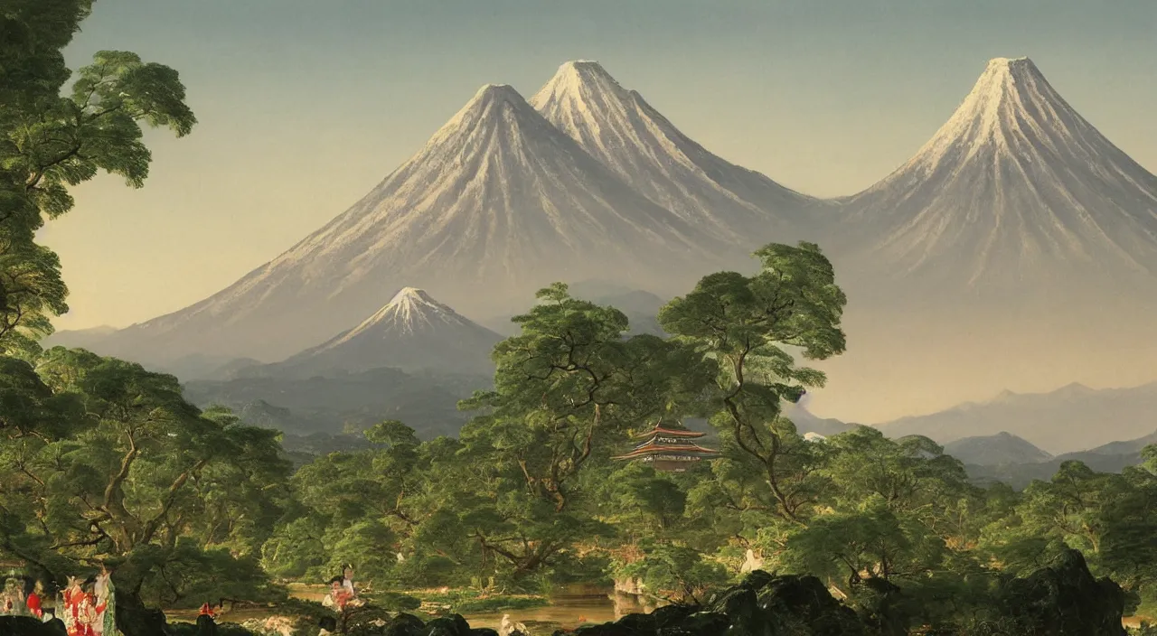 Image similar to a painting of a Japanese castle, with a garden as foreground, with mountains as background, by Thomas Cole