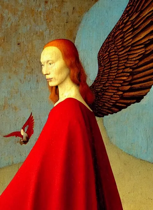 Image similar to profile of a fallen angel dressed in red with wings by Jan van Eyck, Hieronymus Bosch, Johannes Vermeer 4k post-processing, highly detailed medieval painting