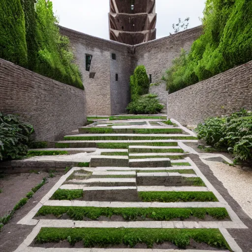 Image similar to courtyard complex of a labyrinthine monastary made of iteratively stacked stones, fusion of carlo scarpa and louis kahn, ivy growing on the bricks, people walking around and sitting on steps, architectural photography