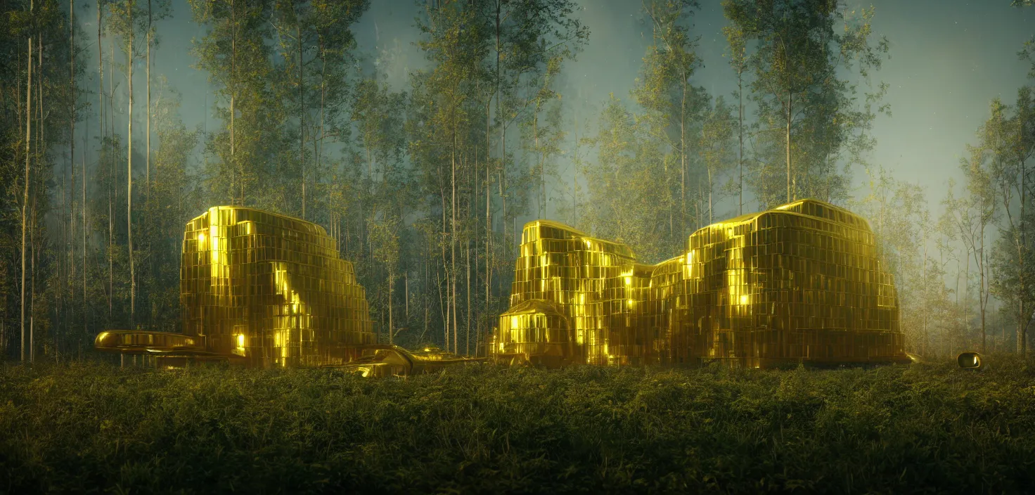 Image similar to futuristic shinny golden building in an forest landscape of a biopunk city by taras shevchenko and wlop, movie poster, golden ratio, evening lighting, film still, realistic, octane render redshift arnold materials unreal engine, 8 k post production, hyper detailed