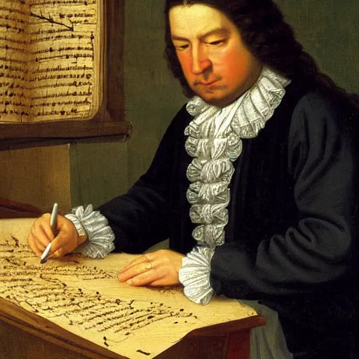 Image similar to highly detailed painting of bach writing a piece of music on a sheet of paper, he is inside of a wooden shack, 4 k resolution, by jaquis luis david, visible paint layers, renaissance.