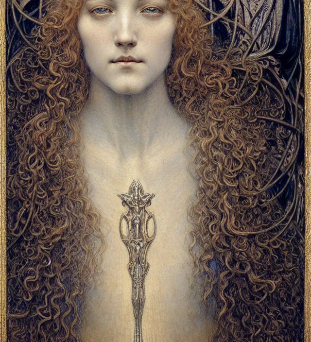 Image similar to detailed realistic beautiful young medieval queen face portrait by jean delville, gustave dore and marco mazzoni, art nouveau, symbolist, visionary, gothic, pre - raphaelite. horizontal symmetry