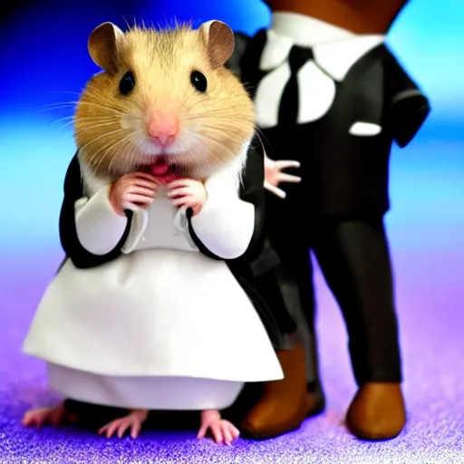 Image similar to a hamster wearing a tuxedo and a hamster wearing a wedding dress getting married