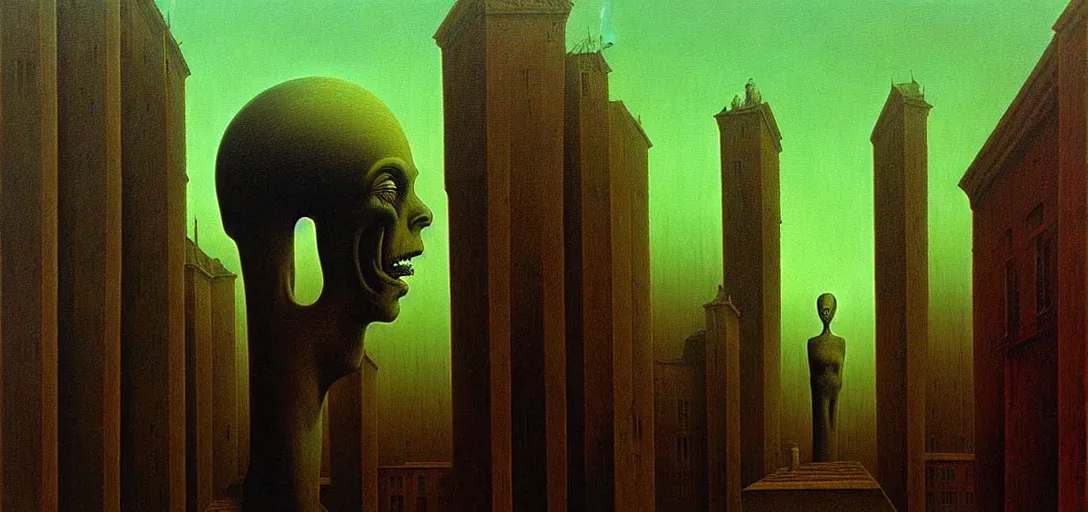 Prompt: deep shadows horror dystopian surreal painting of a single eerie head statue surrounded by buildings by zdzisław beksinski