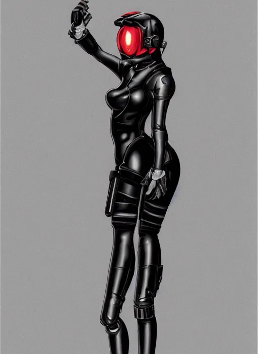 Prompt: Portrait of a female mech pilot in a black latex bodysuit, anime, cel-shaded, highly detailed, monotone, red highlights