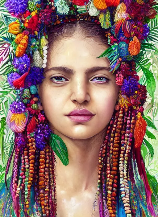 Image similar to beautiful portrait of a mediterranean female wearing fantastic Hand-dyed cotton dress, embellished beaded feather decorative fringe knots ,colorful pigtail,subtropical flowers and plants,symmetrical face,intricate,minority,elegant, highly detailed, 8k,post-processing,digital painting, trending on artstation, concept art, sharp focus, illustration, by artgerm,Tom Bagshaw,Daniel Gerhartz,Albert Aublet,Lawrence Alma-Tadema