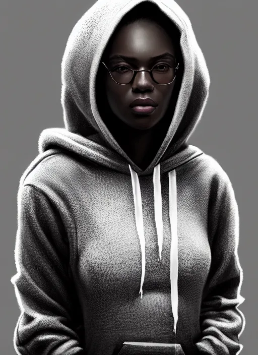 Image similar to full body portrait of young black woman as a software engineer, oversized hoodie, intricate, beautiful and elegant, highly detailed, digital painting, artstation, concept art, smooth, sharp focus, illustration, art by wlop, mars ravelo and greg rutkowski
