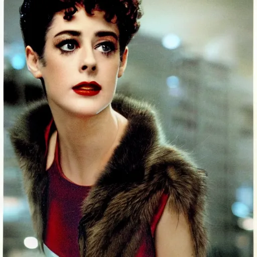 Image similar to close up portrait of a young sean young as rachael tyrell in blade runner at tyrell headquarters photographed by annie leibovitz, artdeco, cyberpunk, colorful!, nighttime!, raining!